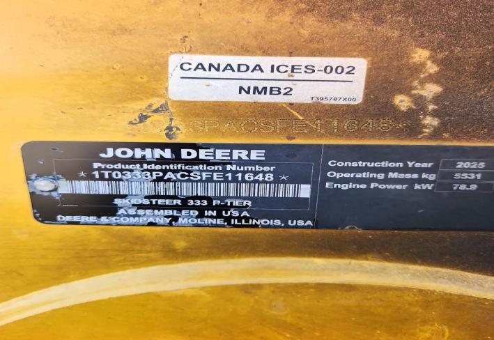 Salvage 2025 John Deere Skid Steer 333p in Yellow