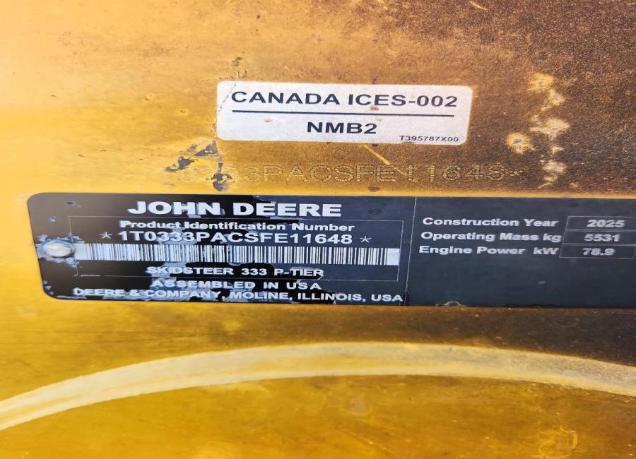 Salvage 2025 John Deere Skid Steer 333p in Yellow